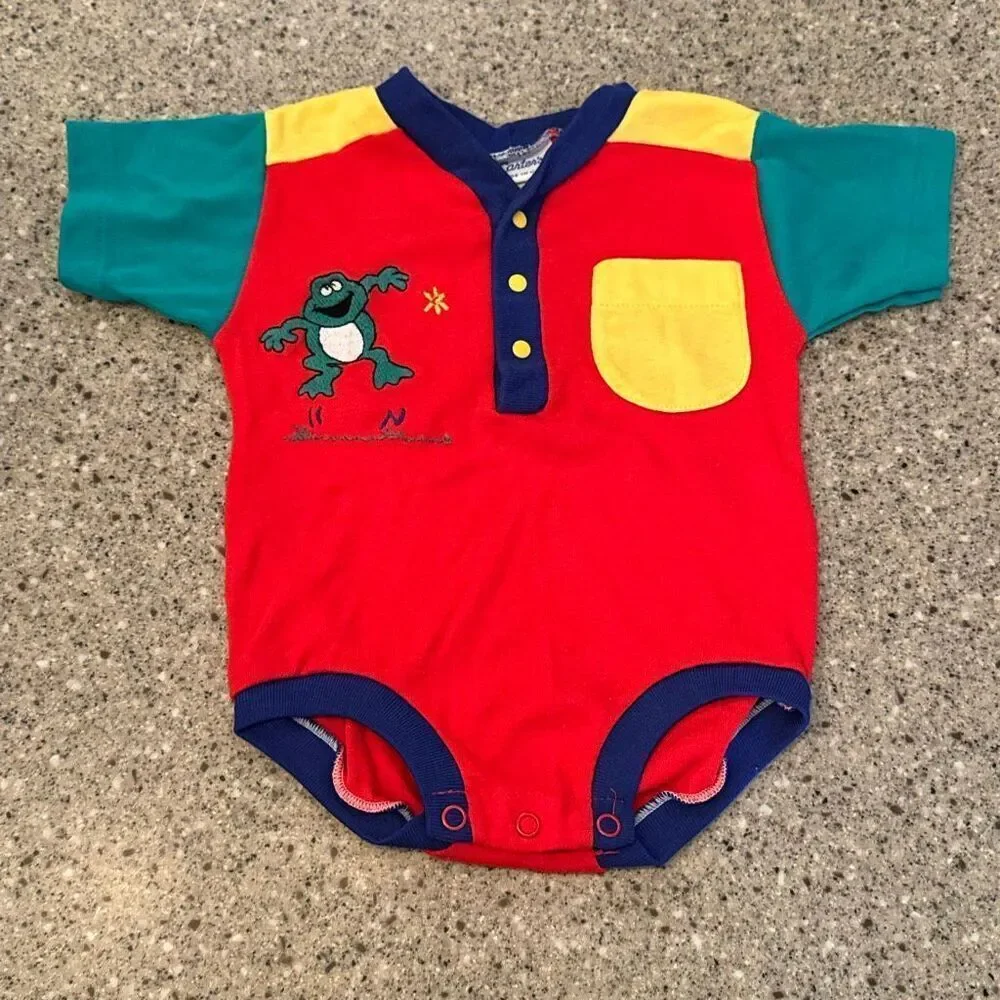 CARTER'S Vintage 90s Made In USA Frog Embroidered Colorblock Baby Romper